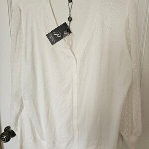 Adrianna Pappell cardigan, white sheer w/ pleated, polka dotted V-neck sleeves.